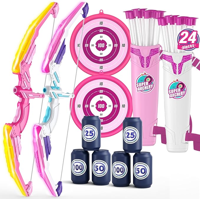 2 Pack Bow and Arrow for Kids, LED Light Up Archery Set with 24 Suction Cup Arrows, 2 Hanging Targets, 6 Score Targets & 2 Quiver, Indoor Outdoor Sport Toys for Girls Ages 4-12