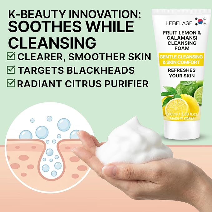 LEBELAGE Korean Lemon Facial Cleanser 3.38 oz | Cleansing Foam Face Wash | Low pH Gentle Hydrating Daily Facial Cleanser Sensitive Skin | Deep Cleansing Foaming Cleanser, Pore Care-All Skin Types