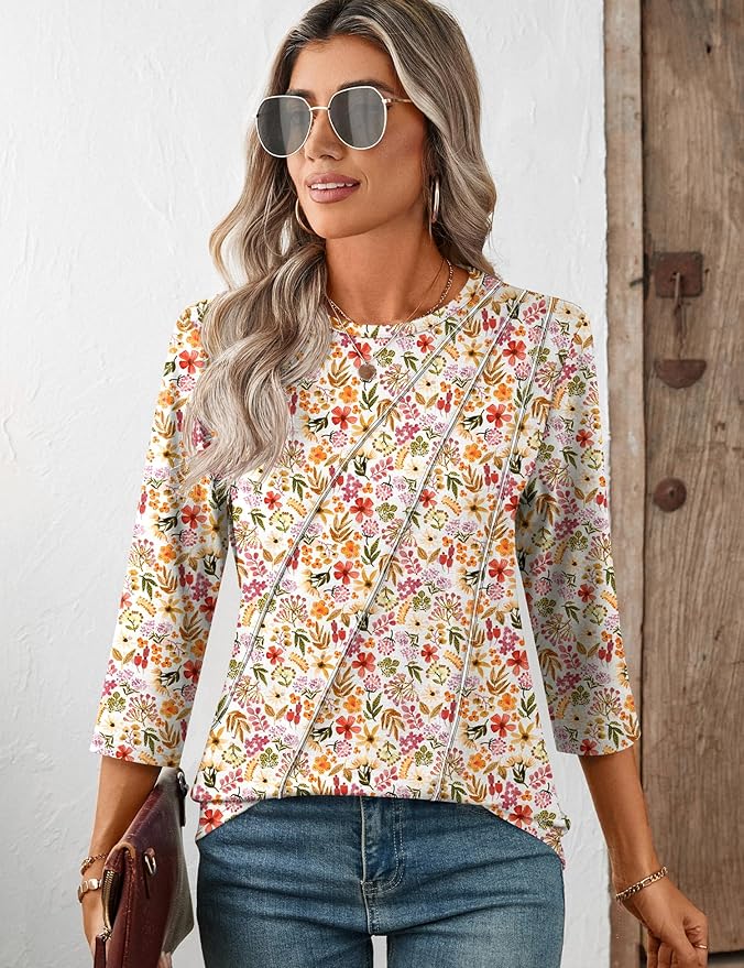 LOMON 3/4 Length Sleeve Womens Tops Spring Summer Fashion 2026 Tops Crew Neck Pleated Shirts Tunic Top Loose Fit