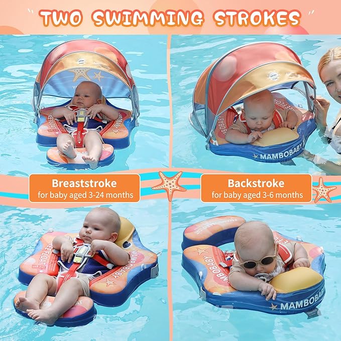 Baby Floats for Pool with Canopy Removable Sun Protection Canopy Mambobaby Float Non Inflatable Upgrade Add Tail Avoid Flip Waterproof Skin-Friendly Infant Swim Float 3-24 Months