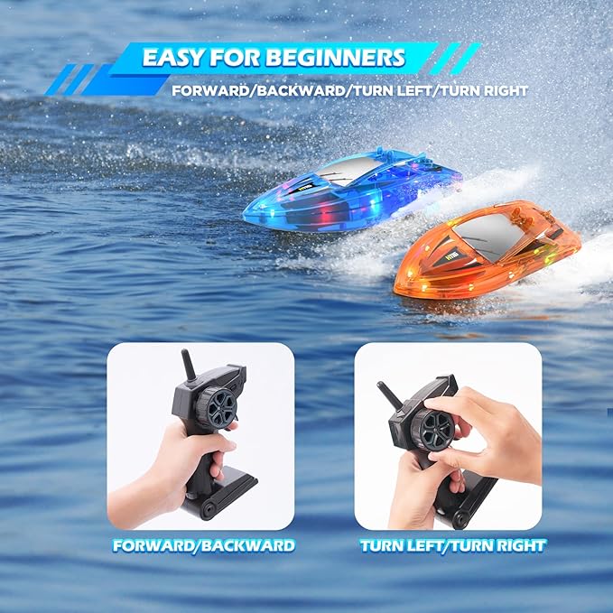 2Pack LED Light RC Boat Remote Control Pool Water Toys for Kids Ages 8-12 Adults Lakes Bathtub Toy with Whole Body Waterproof,Low Battery Alarm,2.4Ghz,Control Range 50M,Rechargeable Battery