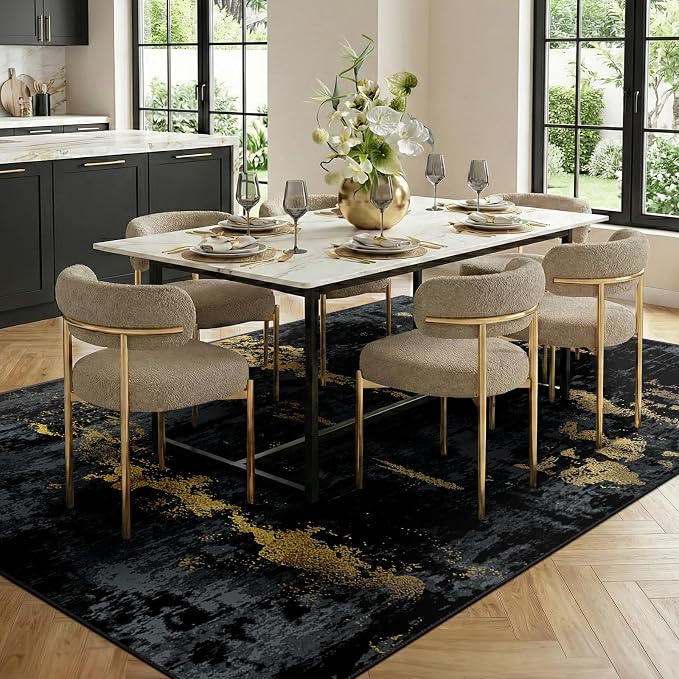 RELEANY Washable 6'x9' Abstract Area Rug for Living Room Black Gold | carpet for bedroom, kitchen, office, hallway and entryway, printed pattern, non-slip, soft, stain-resistant, easy to clean