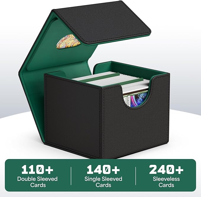 ZLCA MTG Commander Deck Box, Card Deck Box for Trading Card, Holds 110+ Double Sleeved Cards Fits for TCG CCG Magic Cards with 2 Dividers (Black & Green)