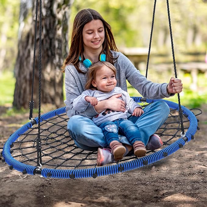 Trekassy 45" 750lbs Spider Web Tree Swing for Kids & Adults, Outdoor Steel Frame Saucer Net Swing with Swivel, Adjustable Ropes + 2 Tree Hanging Straps - Blue (Patented)