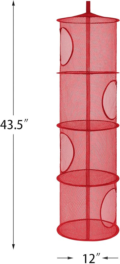 2Pcs Hanging Stuffed Animal Storage Organizer Foldable Stuffed Animal Net Hammock Organizer, 4 Compartments Mesh Hanging Toy Storage Hammock for Kid Room Toys, Gloves, Hats, Socks(Red)