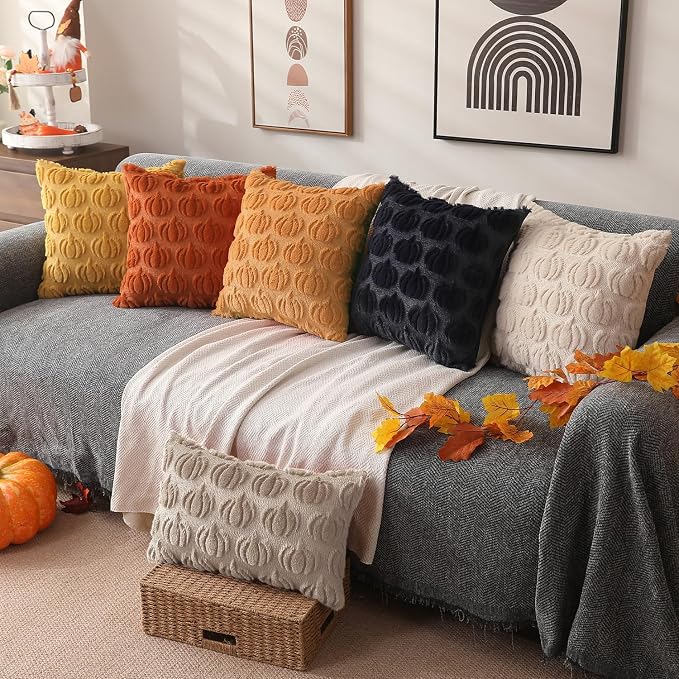 DFXSZ Fall Pillow Covers 12x20 2Pcs Beige Pumpkin Fall Decorations for Home | Fall decor Set of 2 Throw Pillow Cases Soft Plush Faux Fur Wool Couch Cushion for Chair Sofa Bedroom Living Room Home Decor