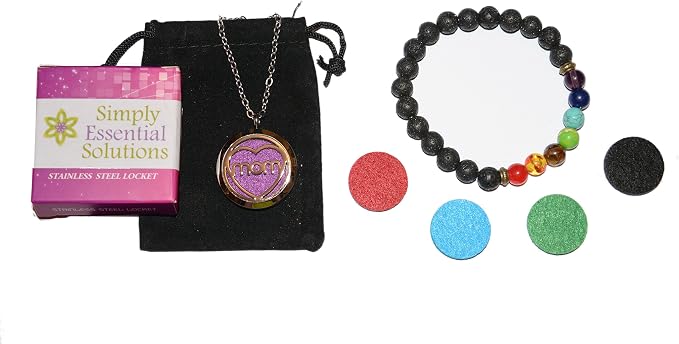 Aromatherapy Essential Oil Diffuser Stainless Steel 30MM Silver Locket Pendant with Chain Necklace and Colored Refill Pads & Diffuser Bracelet All in a Velvet Bag (mom)
