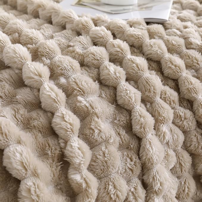 Beige Fleece Throw Blanket 50”×60” for Couch Sofa Bed | Super Soft Cozy Plush Microfiber Flannel Blanket with 3D Jacquard Decorative Lightweight for Mom Woman