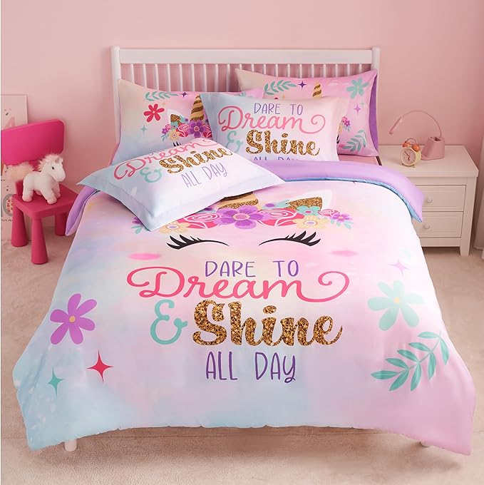Joiedomi Kid Full Comforter Set 7 Piece Unicorn Bedding Set for Boys Girls Super Soft Microfiber Bed in a Bag with Comforter Sheets Pillowcase & Sham