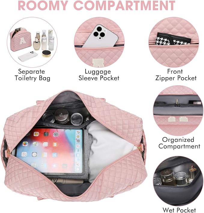 Initial Travel Duffle Bag for Women - Pink Personalized Weekender Bags Overnight Bag with Shoe Compartment & Wet Pocket Weekend Tote Bags with Toiletry Bag Monogram Xmas Gifts (Letter A)
