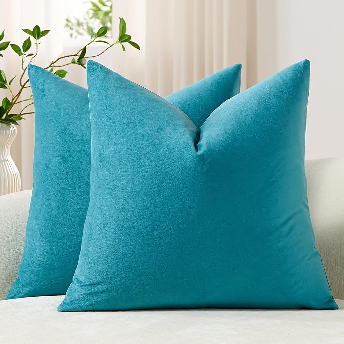 Throw Pillow Covers 18x18 Turquoise: Pack of 2 Cozy Soft Velvet Square Modern Luxury Decorative Throw Pillow Cases for Sofa Couch Living Room Bed Home Decor