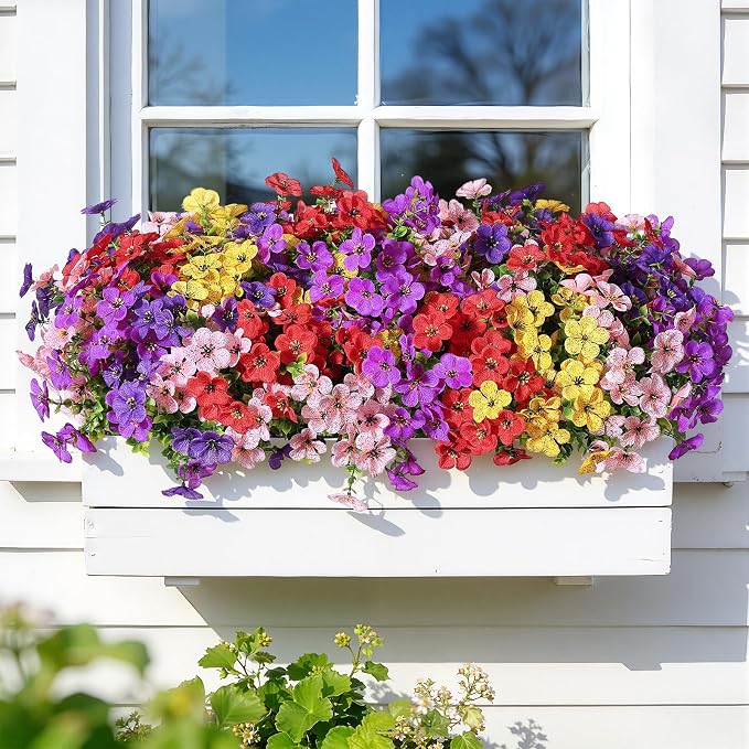 Alupssuc 20 Bundles Artificial Flowers for Outdoor Indoor Decoration | UV Resistant No Fade Fake Plants Eucalyptus, Colorful Faux Spring Flowers for Outside Yard Porch Patio Garden Home Window Box