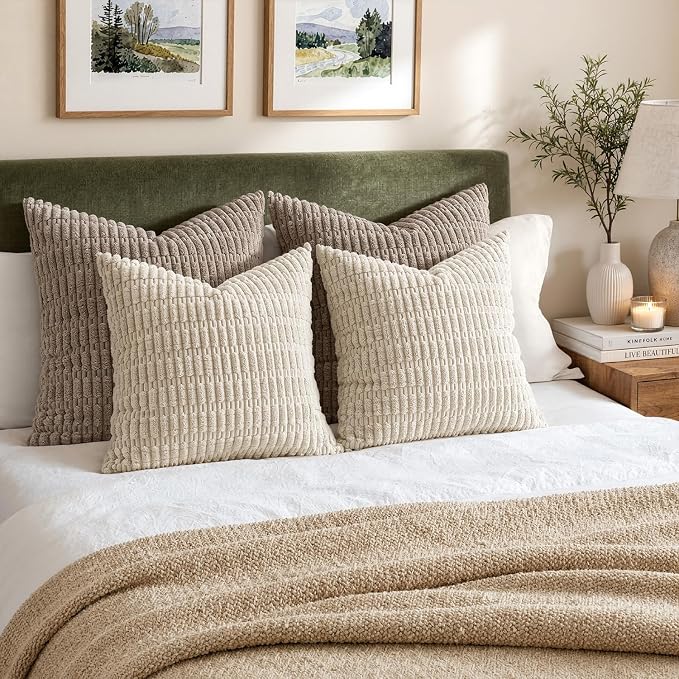 MIULEE Corduroy Decorative Throw Pillow Covers 18x18 Cream White Pack of 2 | Soft Boho Striped Pillow Covers Modern Farmhouse Home Decor For Sofa Living Room Couch Bed