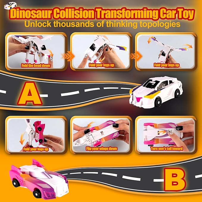 Collision Transforming Dinosaur Car Toy,Transformation Car Toy, 2in1 Magnetic Dinosaur Transformer Cars for Boys & Girls Party Favors Gift for Birthday, Christmas (Pink)
