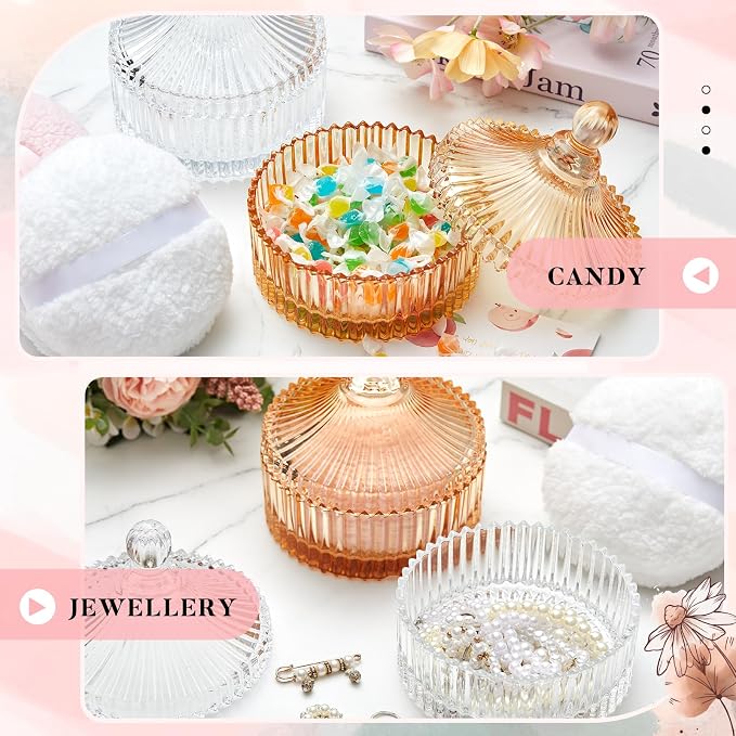 Tioncy 2 Set Vintage Glass Vanity Jar with Powder Puff, Decorative Crystal Powder Container for Bathroom Counter & Feminine Vanity Decor, Gift for Women(Classic,Amber and Clear)