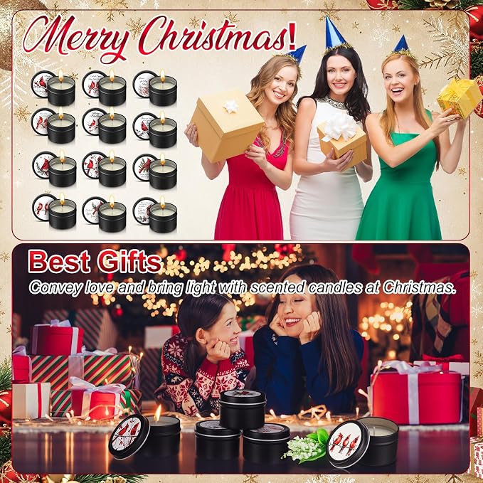 Nuanchu 24 Pack Christmas Scented Candles Gift Set Red Cardinal Candle for Her Him 2oz Natural Soy Wax Jar Long Lasting Aromatherapy Bulk Favors Set for Christmas Party Home Decor