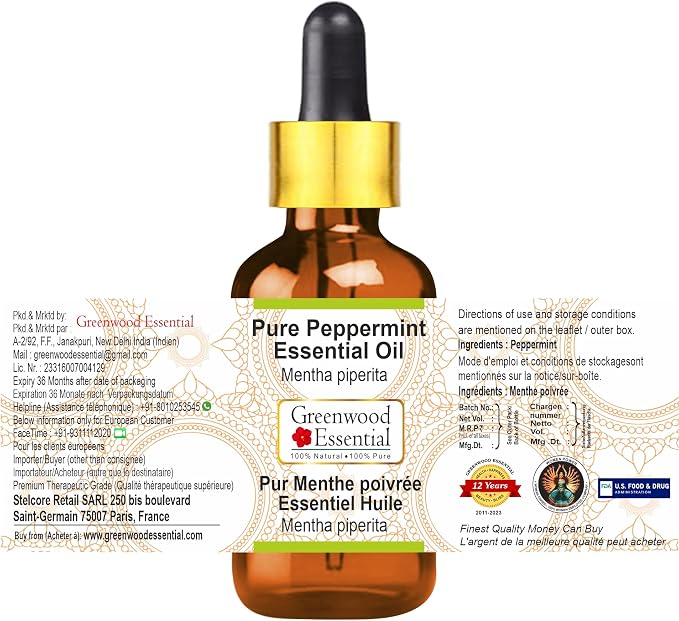 Greenwood Essential Pure Peppermint Essential Oil (Mentha piperita) with Glass Dropper Steam Distilled (Pack of Three) 100ml X 3 (10.1oz)