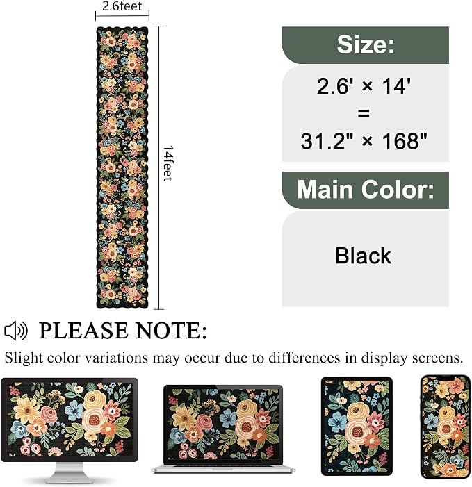 DUKINO 2.6x14 Runner Rug, Floral Washable Rug for Hallway Non Slip, Black | Soft, Low Pile, Non-Shedding Long Runner Rugs for Kitchen, Entryway, Bedroom, Bathroom, Pet Friendly, Home Decor, Ultra-Thin