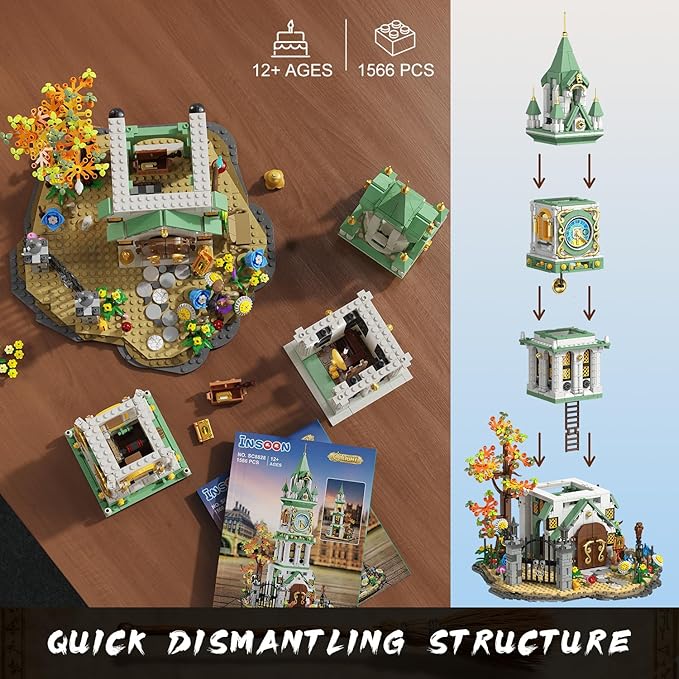 INSOON Magic Clock Tower Building Set with Light, 1566 PCS Big Medieval Castle House Construction Model with Owl & Garden, Home Decor Building Block Kit, Easter Gift for Adults Teens Boys Girls 12+