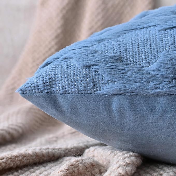 Set of 2 Soft Moroccan Throw Pillow Covers 18x18 Inch Plush Boho Decorative Pillow Cover Accent Cushion Case for Couch Sofa Bed, Grey Blue