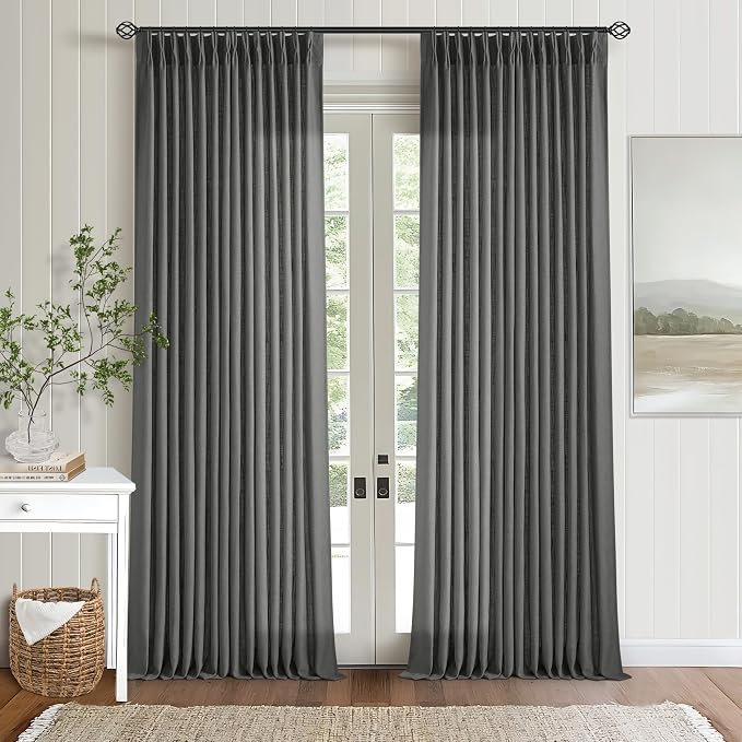 Charcoal Gray Linen Pinch Pleat Semi Sheer 108 Inch Curtains 2 Panels Set | Ceiling Floor Window Curtains for Living Room Bedroom, Flax Double Pleated with Back Tab, Farmhouse Neutral, Memory Shape