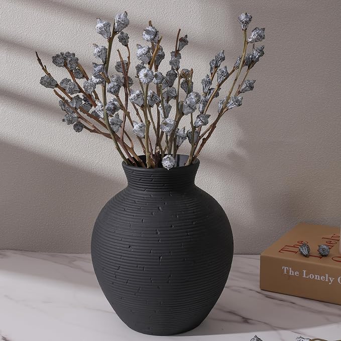 Ceramic Flower Vase Home Decor, 7.4 in Farmhouse Table Vases Retro Vintage Living Room Kitchen Bedroom Decoration Pottery Decorative Vases for Flowers House Shelf Office Desk Dining Entryway, Black