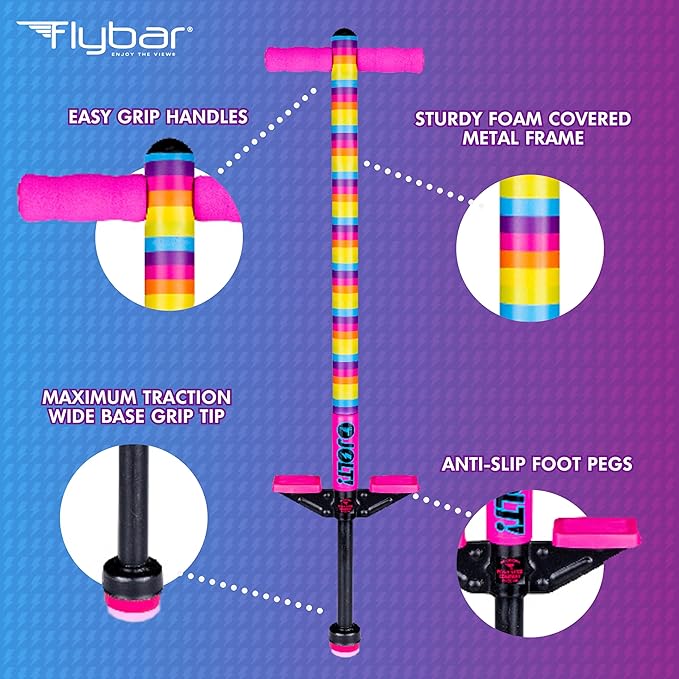 Flybar Jolt Pogo Stick for Kids, Perfect for Beginners w/ Foam-Covered Metal Frame, Handles & Padding, Non-Slip Foot Pads, Wide Tip, Outdoor Active Play Toy for Boys & Girls, Ages 6+, Rainbow