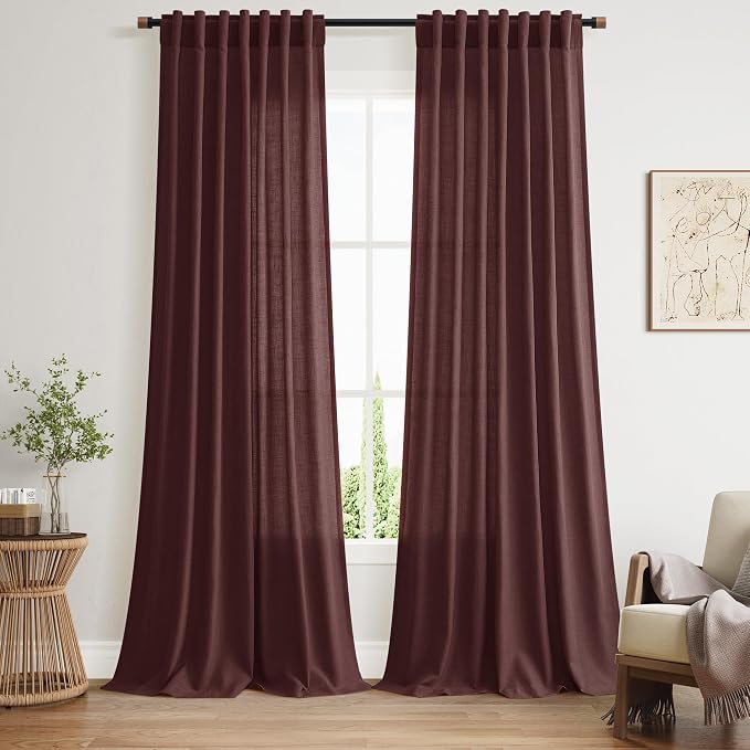 Nanspring Reddish Brown Linen Blend Light Filtering Back Tab Curtains 96 Inches Long, Semi Sheer Privacy Drapes for Living Room & Bedroom, 52x96 inch, 2 Panels
