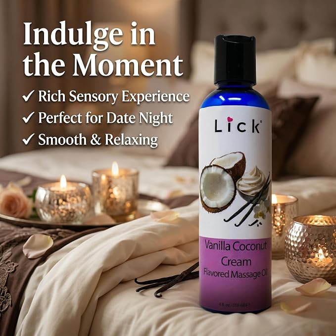 Lick Vanilla Coconut Cream Flavored Massage Oil – Sweet Tropical Edible Massage Oil with Vitamin E, Smooth Body-Safe Glide for Couples Massage & Sensory Date Nights, 4 oz