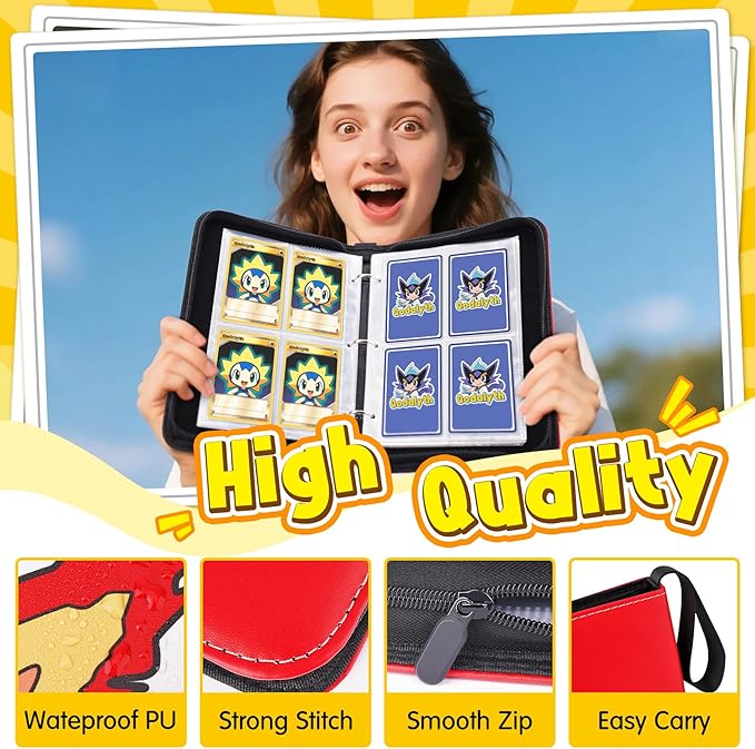 Card Binder – 4 Pocket Zipper Collection Album, Premium PU Holder, Double-Sided Display for 400 Cards, Includes 5 Hard Plastic Sleeves for Game Cards, Sports Cards（Cartoon Stickers）