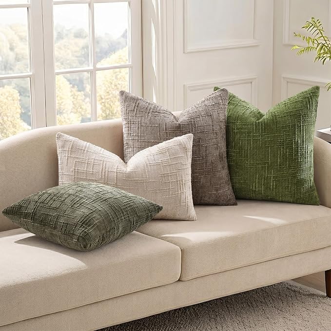 decorUhome Textured Chenille Throw Pillow Covers 24x24 Set of 2 Olive Green | Fall Modern Farmhouse Soft Cozy Slubby Couch Pillow Cases Boho Decorative Pillow Cases for Bed Sofa Living Room Home Decor