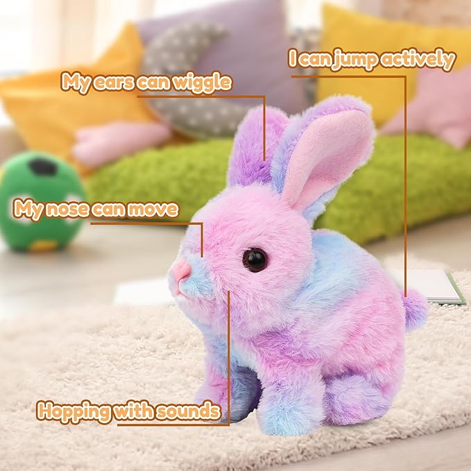 Easfan Hopping Bunny Toys Interactive Pet Plush Bunny with Sounds and Movements Ears Moving Educational Plush Toy Easter Birthday Gifts for Kids Girls, 7'',Rainbow