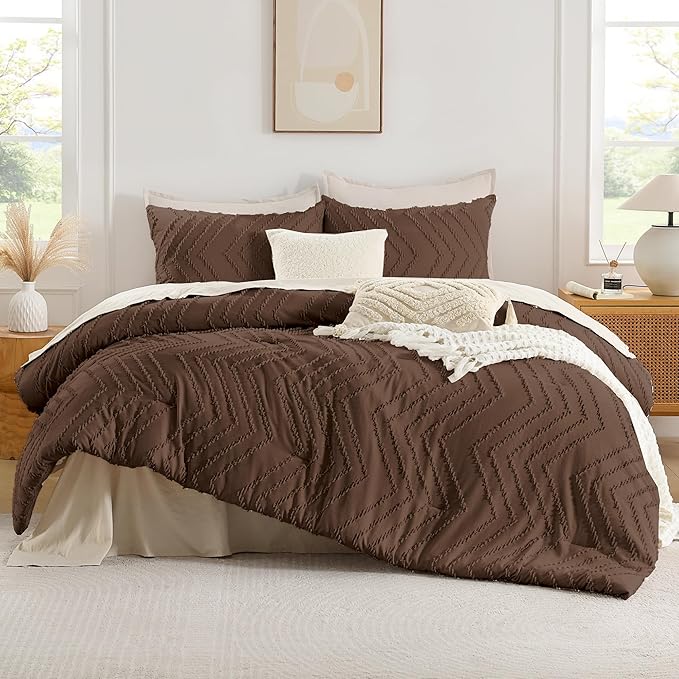 Andency Brown Comforter Set Queen Size, Boho Soft Warm Tufted Bedding Comforter Sets for Queen Size Bed, 3 Pieces Aesthetic Chevron Farmhouse Cute Bohemian Textured Bed Set