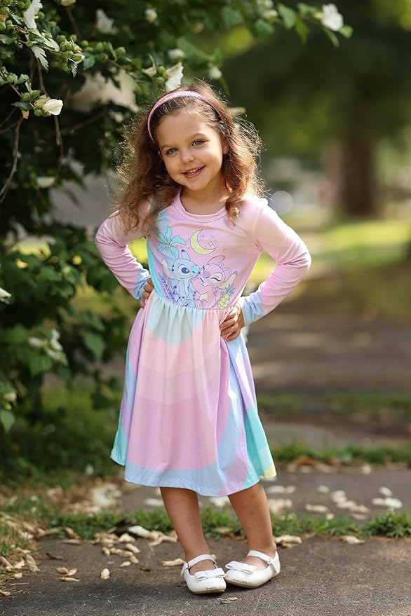 Disney Frozen Elsa Stitch Princess Minnie Mouse Toddler Girl Dresses 2 Pack Ruffle Long Sleeve Dress Set (3 Months - 6 Years)