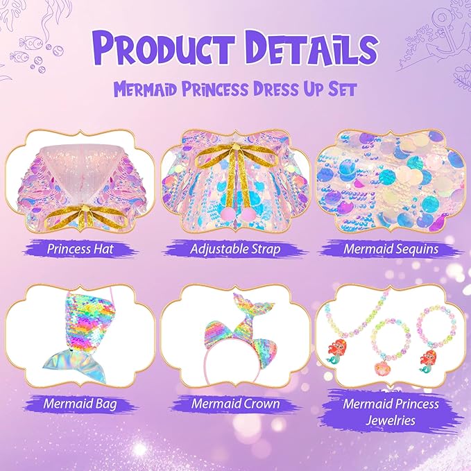 Mermaid Toys Princess Dress Up for Girls Princess Dress Up Cloak Gift Set for Little Girls 3-8 Years Old, Idea Gift for Birthday Christmas Halloween