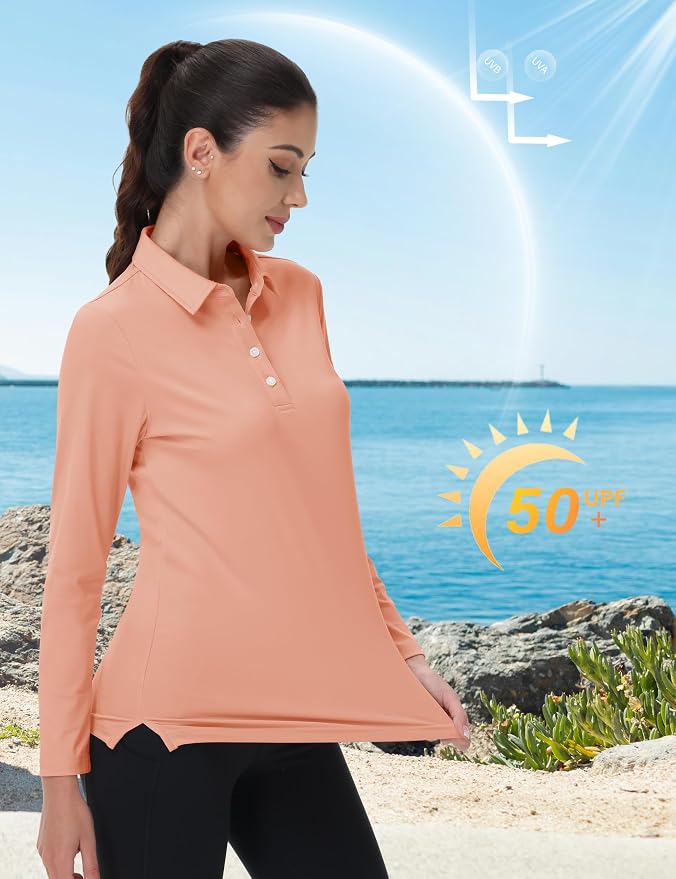 MAGCOMSEN Long Sleeve Polo Shirts for Women Golf Tops with Collar Work | UPF 50+ Sun Protection, 4 Buttons, Moisture Wicking, Breathable, 4-Way Stretch, Collared, Quick Dry, Active, Casual, Tennis