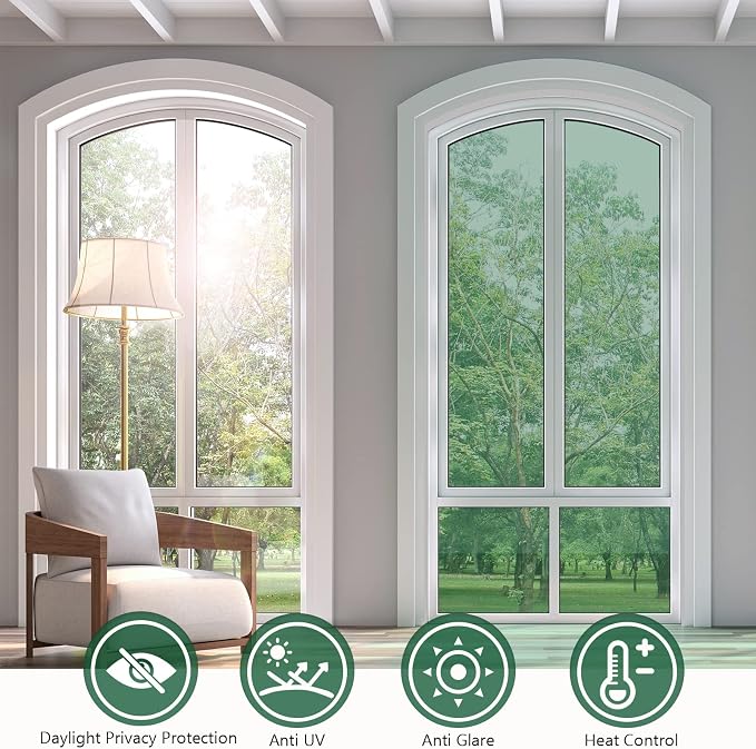 KESPEN Window Privacy Film One Way Daytime Privacy Static Cling Sun Blocking Anti UV Reflective Window Tint for Home and Office, Green-Silver, 17.5 Inch X 6.5 Feet
