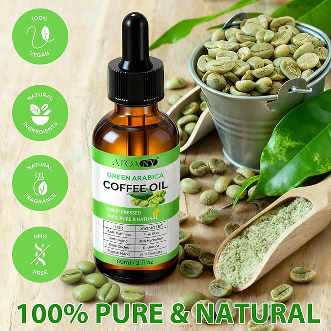 Green Coffee Bean Oil, Organic Green Coffee Oil for Cellulite, Skin, Face, Body & Hair - Reduces Puffiness, Dark Circles, Stretch Marks, Skin Tightening, Cold-Pressed (2 Fl Oz (Pack of 1))