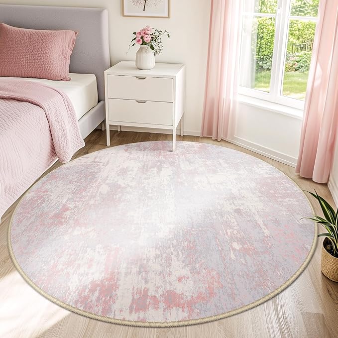 RELEANY Washable Area Rugs 4ft Non-Slip Modern Abstract Soft for Living Room Entryway Bedroom Kitchen, Print Pattern, Grey Pink