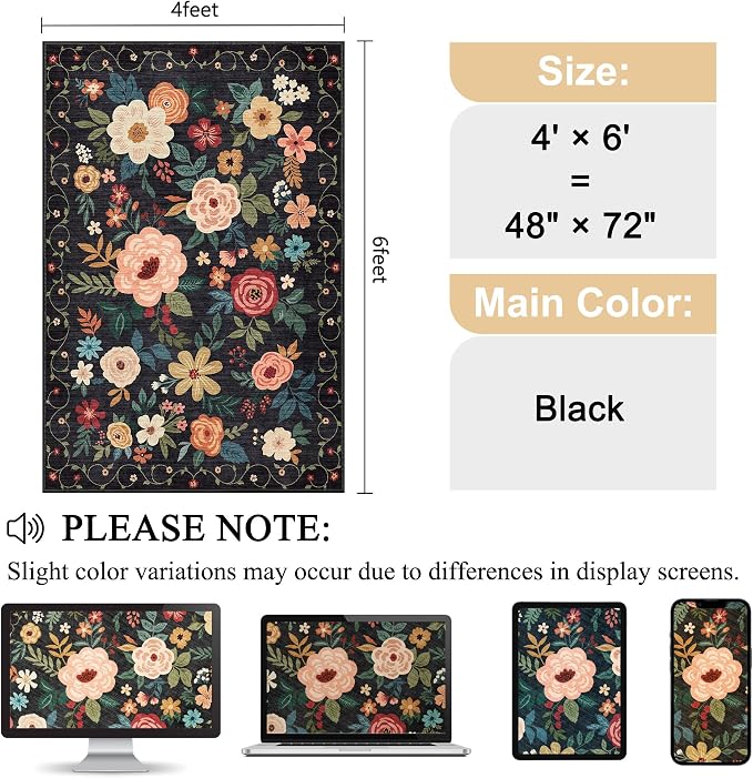 DUKINO 4x6 Area Rug, Floral Washable Office Rug Non Slip Chair Mat, Black | Low Pile, Stain Resistant, Soft Indoor Rug for Bedroom, Living Room, Dining Room, Kids Room, Pet Friendly, Modern Home Decor