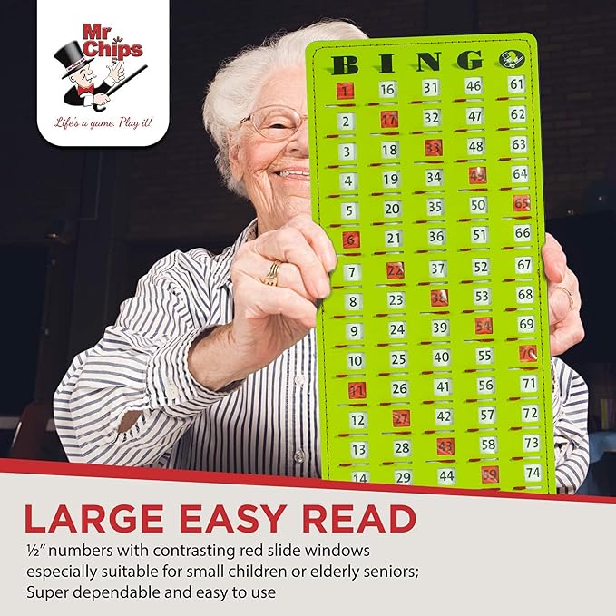 MR CHIPS Jam-Proof Finger Tip Master Bingo Card with Sliding Windows Large Cardboard Calling Cards Green Style