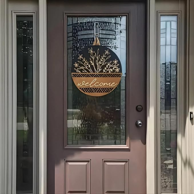 3D Welcome Sign for Front Door, Rustic Round Wood Wreaths Wall Hanging Modern Farmhouse Decor, House Warming Gifts New Home, Porch Fence Decorations for Spring Summer Fall All Seasons Holiday Outdoor
