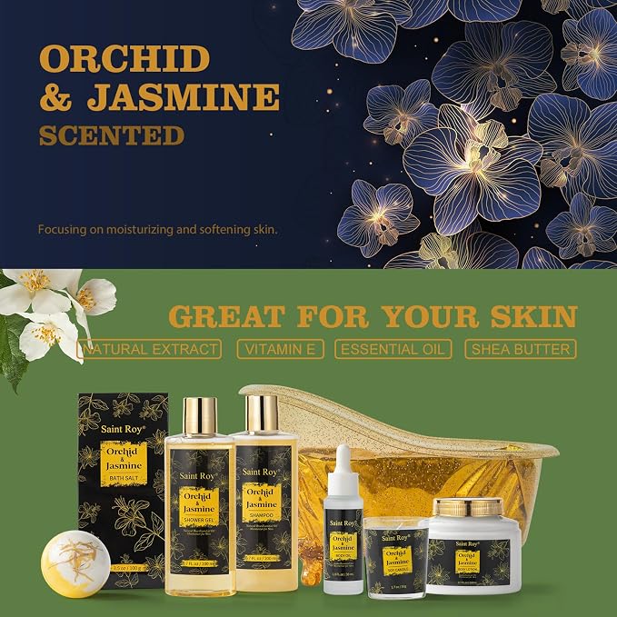 Spa Gift Basket Set, Pampering Home Spa Gifts for Women & Men Home Spa Gift | Spa gift set Christmas Gifts, Spa Kit Self-care Gifts, Spa Collection, Orchid Jasmine Bath and Body Gift, Spa Gifts Mom Dad