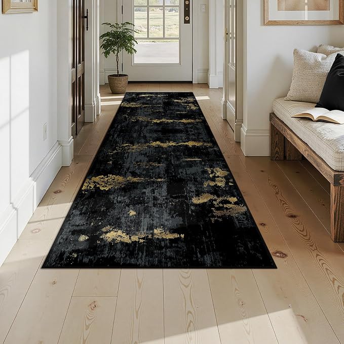 RELEANY Washable Runner 3'x9' Abstract Area Rug for Hallway Black Gold | carpet for kitchen, entryway, bathroom, living room, bedroom, printed pattern, non-slip, soft, stain-resistant, easy to clean