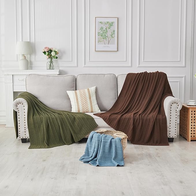 Douceur Blue Throw Blanket for Bed, Soft Cozy Lightweight Stripe Pattern Knitted Throw Blanket for Sofa, Living Room Gift, 60"X80"