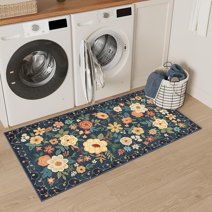 DUKINO 2x4 Entryway Rug, Floral Washable Kitchen Rugs Non Slip, Navy Blue | Low Pile, Soft Indoor Runner Rug for Hallway, Bedroom, Bathroom, Laundry, Pet Friendly, Modern Home Decor, Stain Resistant