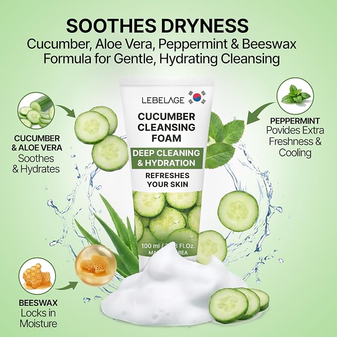 LEBELAGE Korean Cucumber Facial Cleanser 3.38 oz | Cleansing Foam Face Wash | Low pH Gentle Hydrating Daily Facial Cleanser Sensitive Skin | Deep Cleansing Foaming Cleanser, Pore Care-All Skin Types