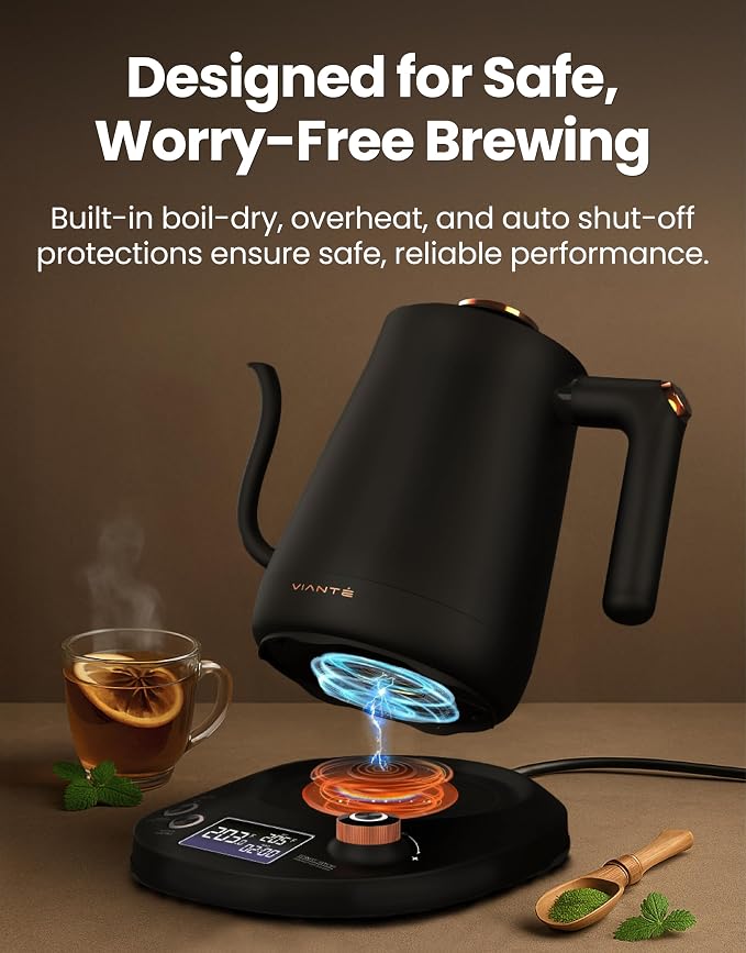 Vianté Electric Gooseneck Kettle with Precise Temperature Control. Pour Over Coffee & Tea Kettle. Boil-Dry Protection & Keep Warm Function. Stainless Steel, BPA-Free. Includes #2 Filters. 0.8L