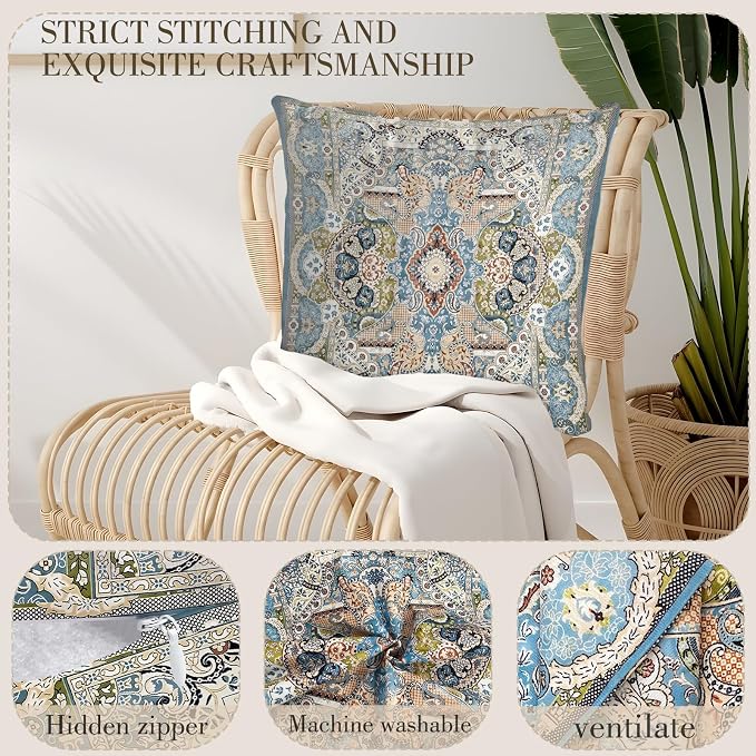 Boho Floral Throw Pillow Covers 18x18 inch Set of 2,Blue Boho Rug Geometric Floral Pattern Decor Double Sided Pattern Cushion Cover Soft Pillow Case Living Sofa Room Bed Square Pillow Cover