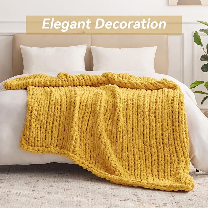 Negwoo Chunky Knit Throw Blanket, Knitted Throw Chenille Yarn, 30"*40" | Soft Thick Cable Knitted Blankets, Handmade Big Thick Blanket, Machine Washable Cute Comfy Blanket for Home Decor, Yellow
